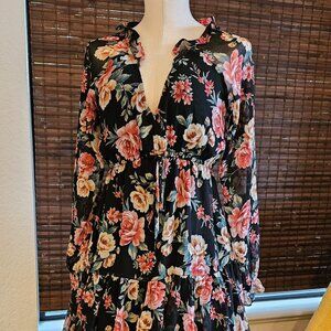 Women's American Eagle Black Floral Chiffon Long Sleeve Mini Dress Size Small